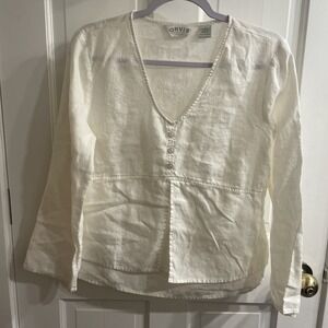 Orvis V-Neck Linen ivory Size S 3 buttons, multi layer front lg sleeve beautiful